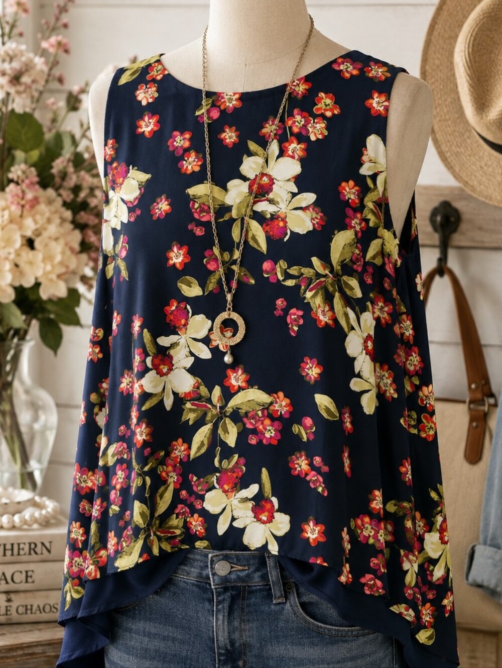 Chico’s NWT Size 4 20/22 Reversible Floral Tank High Low Tunic, NWT